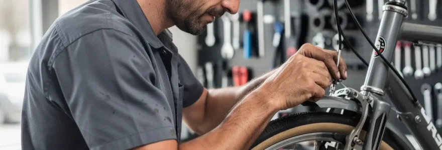 Mécanicien vélo inspectant le système de freinage d'un vélo hollandais en atelier