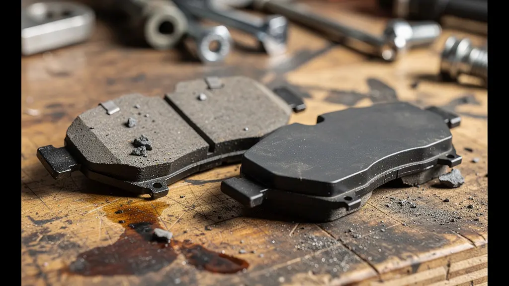 Comparaison de patins de frein usés et neufs sur établi d'atelier vélo