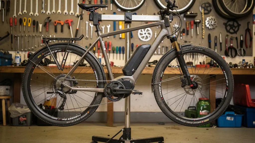 Vélo électrique urbain sur pied de réparation professionnel en atelier